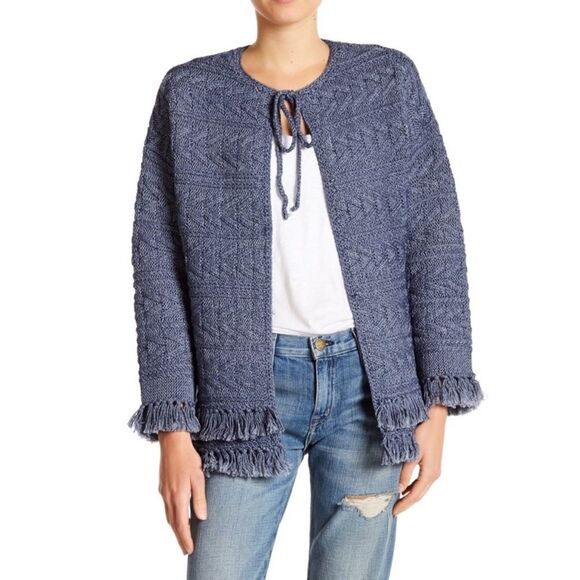 Current Elliott Blue Cable Knit Fringe Sweater Open Front, New w/ Tags, Size 0 - Picture 1 of 12